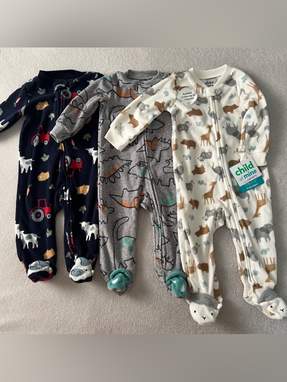 Carter's Boy Animal & Gray Dinosaur Zipper Footed Onsies (3-Pack) New&Excellent